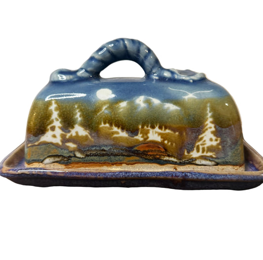 Handmade Ceramic Covered Butter Dish – Mountain/Taos Style Scenic Glaze