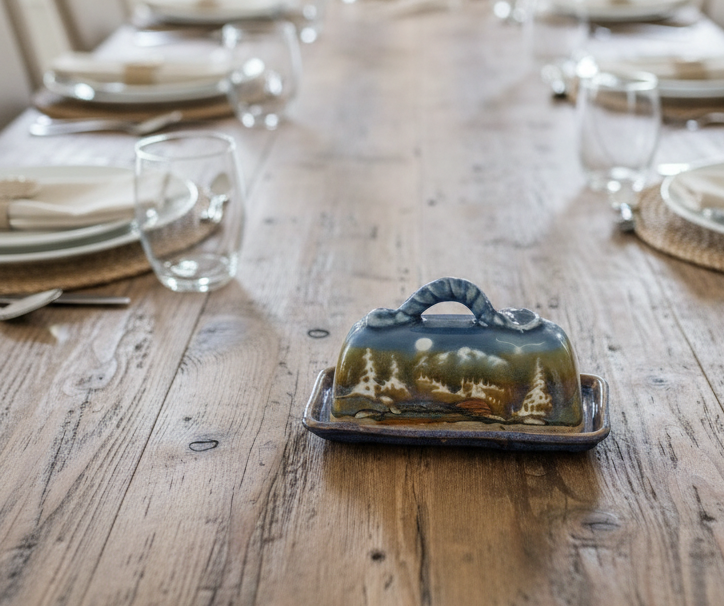 Handmade Ceramic Covered Butter Dish – Mountain/Taos Style Scenic Glaze