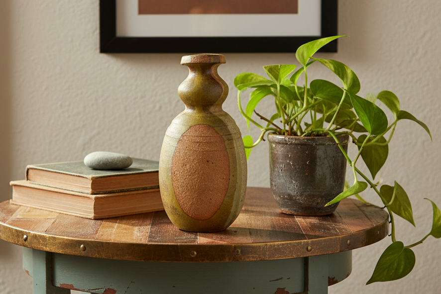 Vintage Studio Pottery Double Gourd Vase – Moss Green & Raw Clay