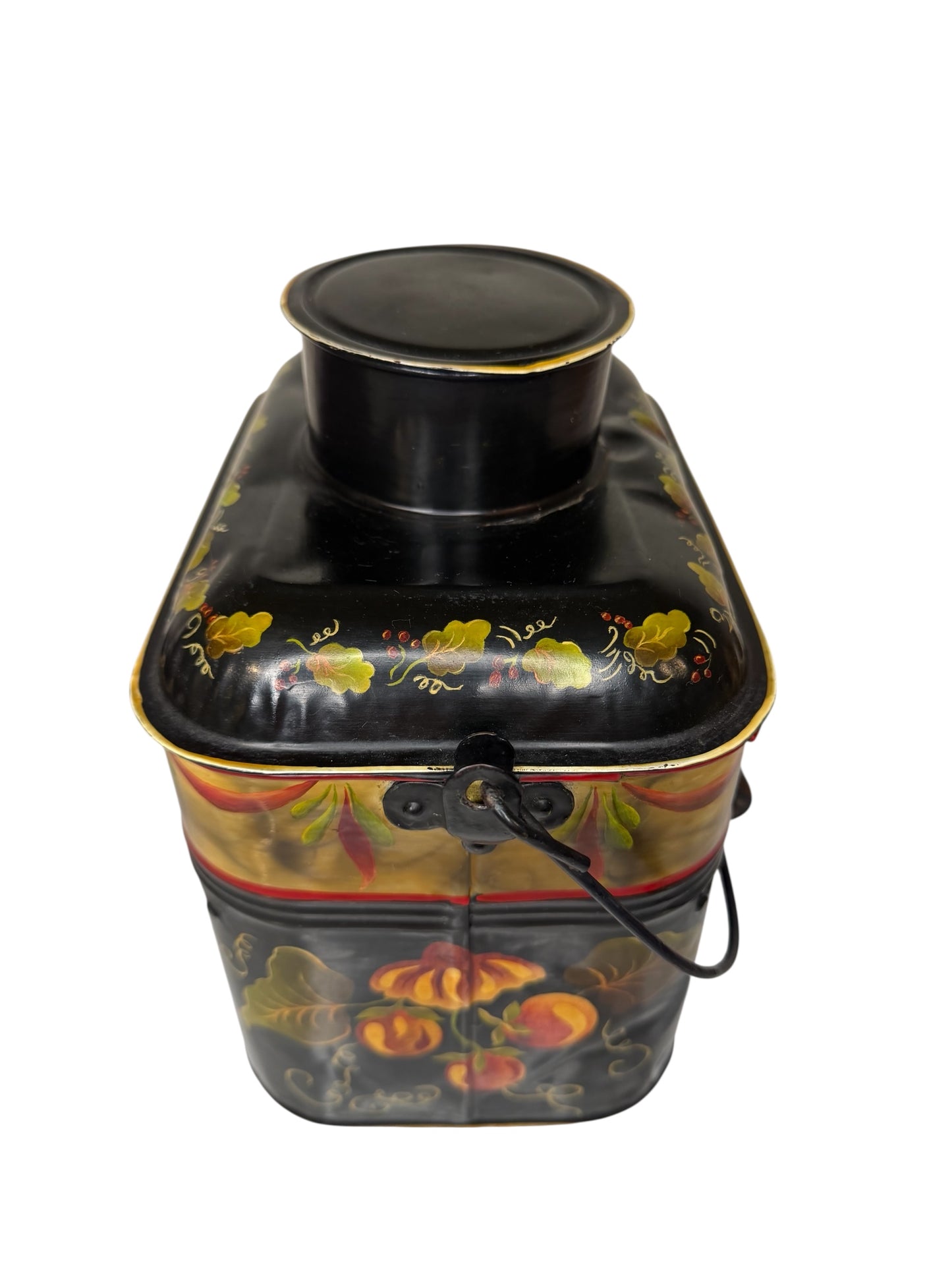 Tole-Painted Antique Metal Lunch Pail – Hand-Painted Floral Folk Art – Vintage Metal Lunch Box