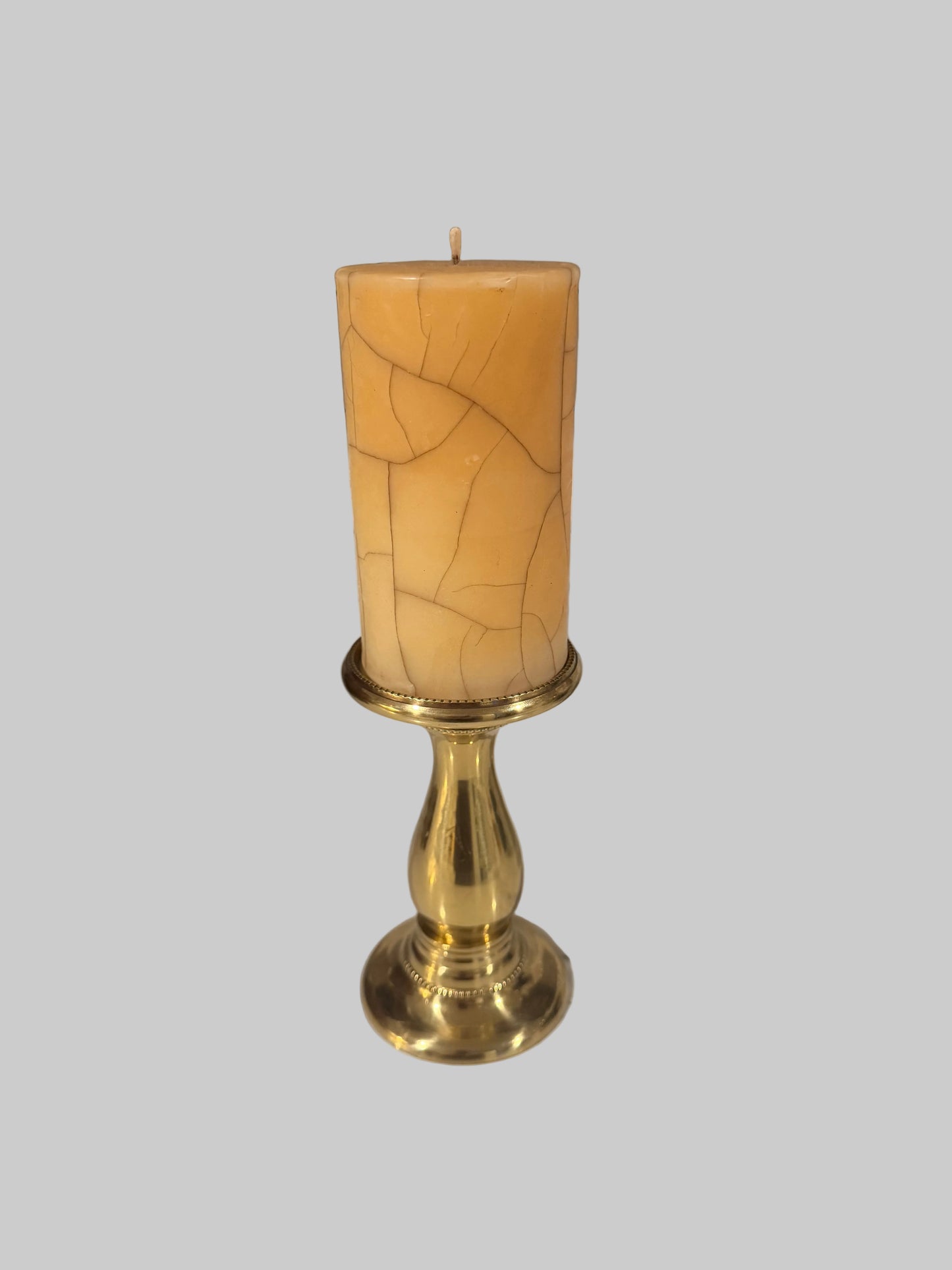 Frontgate Brass Pillar Candle Holder with Crackled Cream Candle