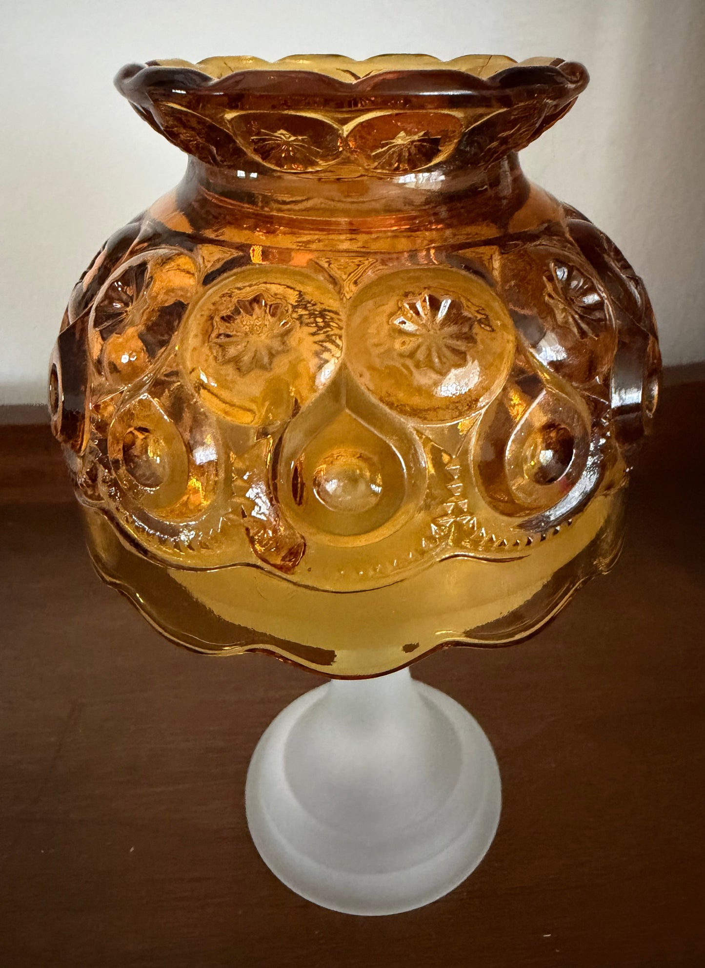 AVAILABLE - Vintage Moon & Stars Fairy Lamp – Amber Glass Dome with Frosted Base | L.E. Smith