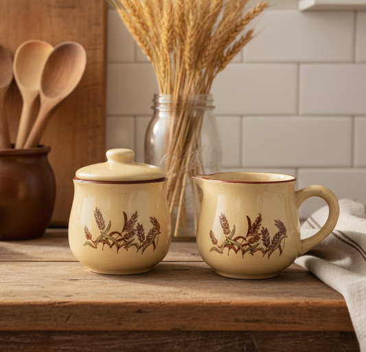 Harvest Wheat Vintage Creamer and Lidded Sugar Bowl Set | Rustic Stoneware Kitchen Decor