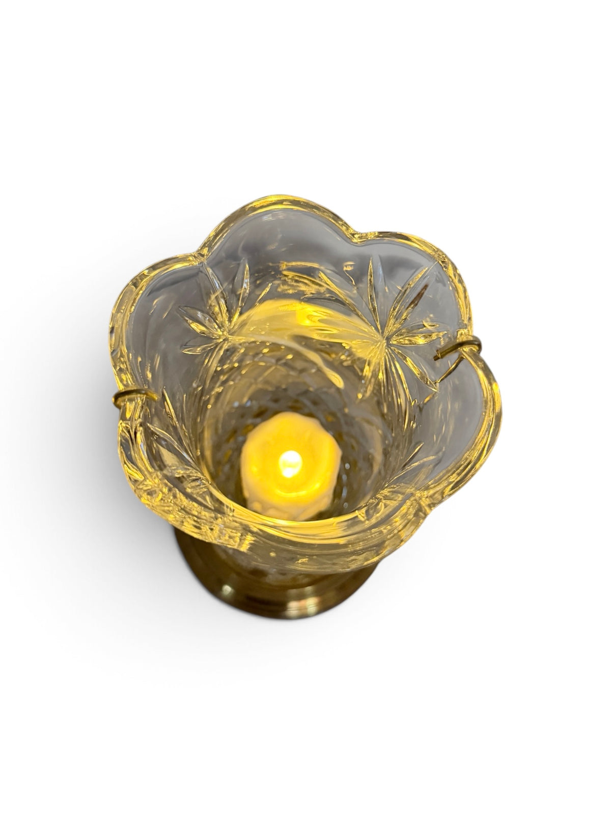 Set of 2 Vintage Cut Crystal Hurricane Candle Holders – Brass Bases & Swing Handles – Teleflora