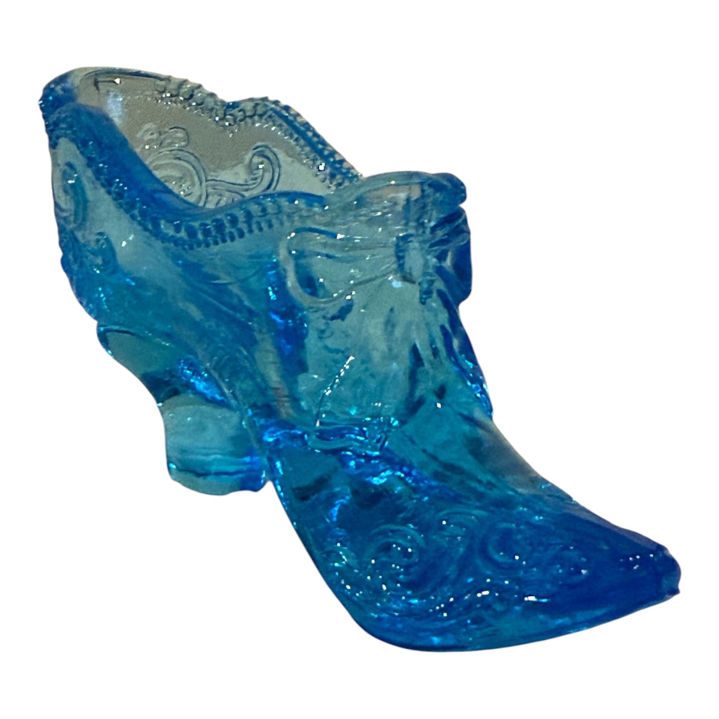 Mosser Glass #109 Scroll & Bow Vintage Slipper – Aqua Blue Victorian Shoe – 4.5”