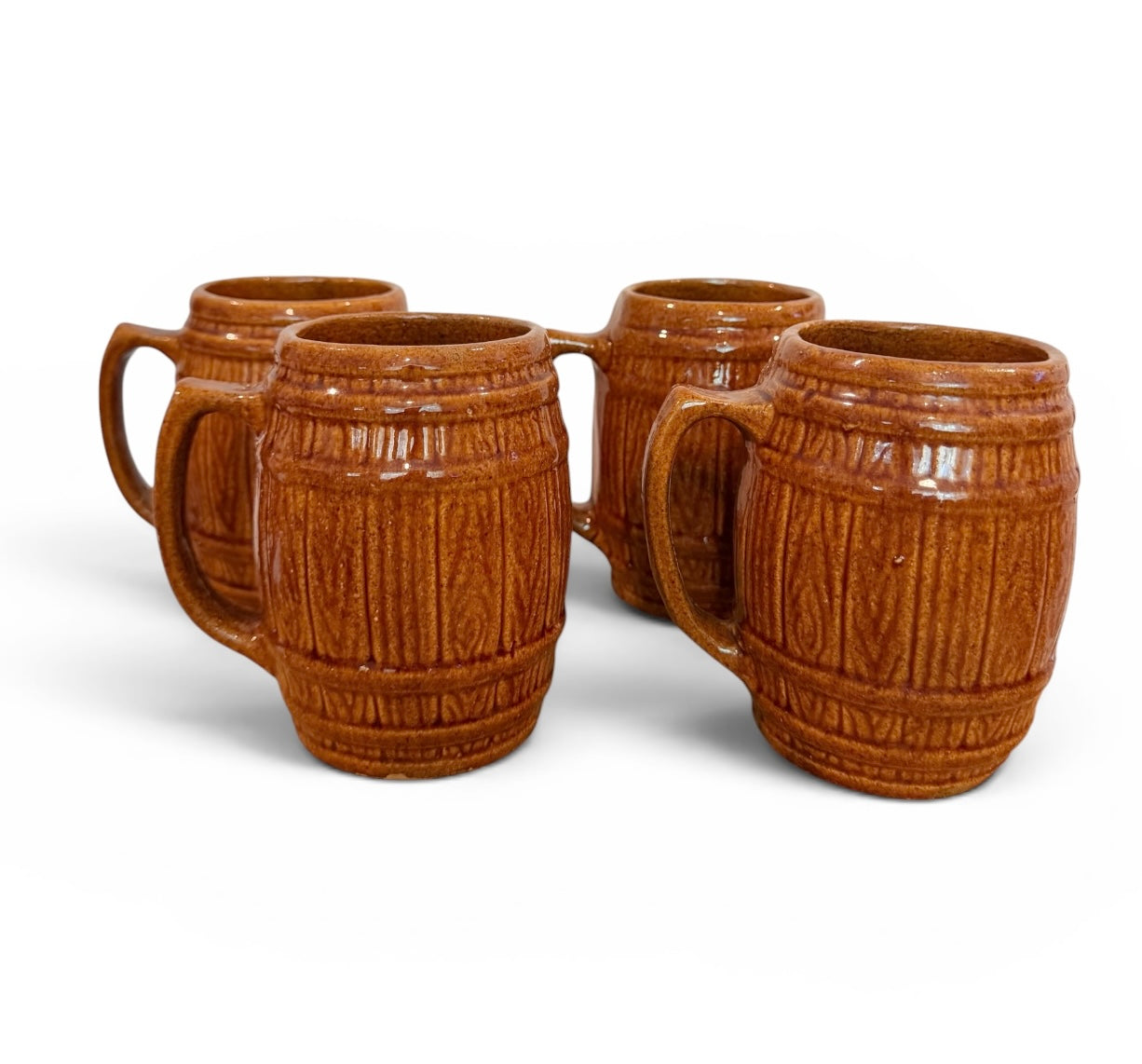 Set of 4 Vintage McCoy Pottery Old Oaken Barrel Mugs 397 | Faux Bois Brown Stoneware Beer Steins