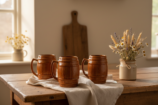 Set of 4 Vintage McCoy Pottery Old Oaken Barrel Mugs 397 | Faux Bois Brown Stoneware Beer Steins