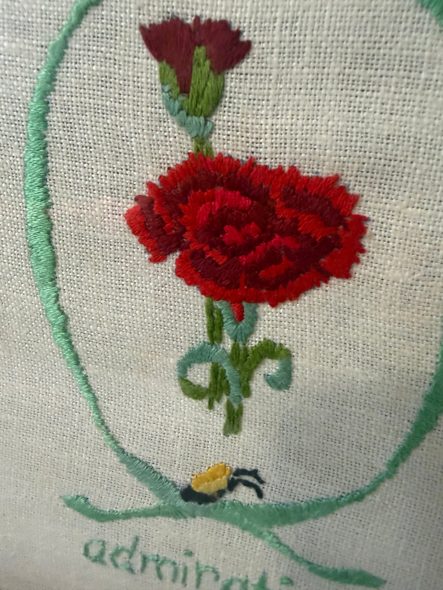 Framed Vintage Paragon Needle Craft “Carnation” Embroidery – Julie Nixon Eisenhower Collection (1975)