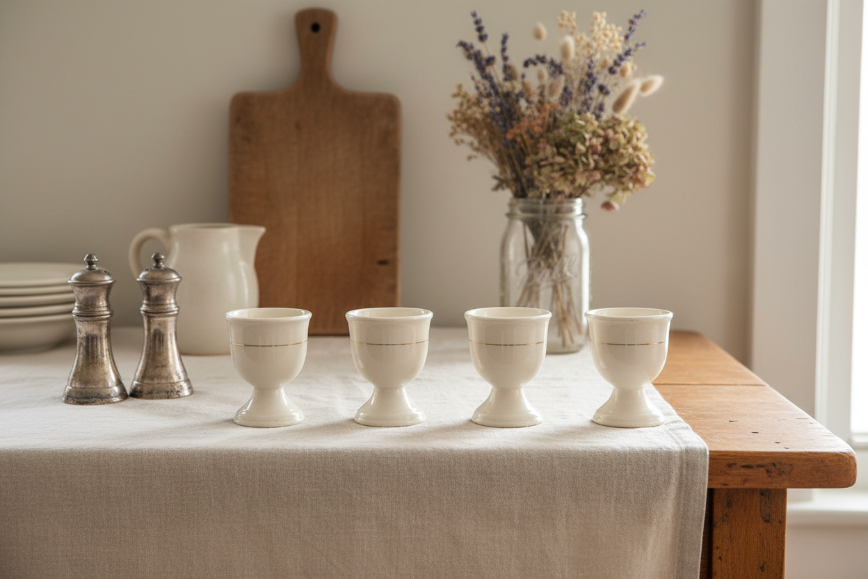 Set of 4 Vintage Footed Ceramic Egg Cups – Gold Rim Breakfast Tableware