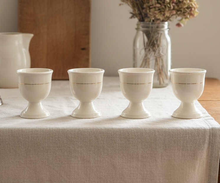 Set of 4 Vintage Footed Ceramic Egg Cups – Gold Rim Breakfast Tableware