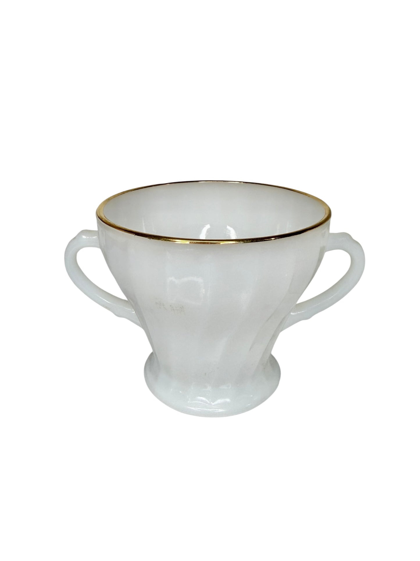 Vintage Fire-King Golden Shell Milk Glass Creamer, Sugar Bowl & Mugs Set – Anchor Hocking Swirl Pattern with Gold Trim