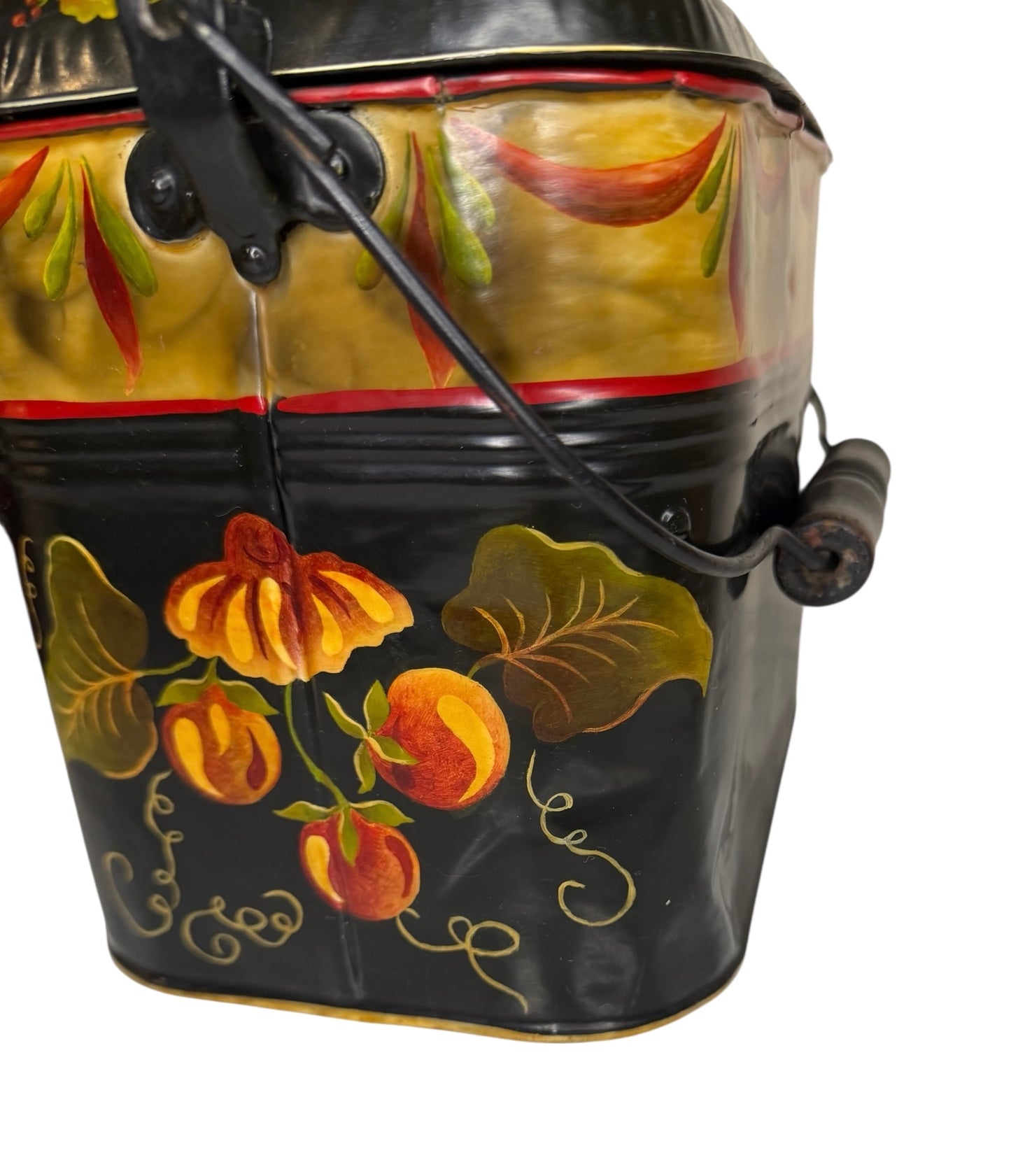 Tole-Painted Antique Metal Lunch Pail – Hand-Painted Floral Folk Art – Vintage Metal Lunch Box