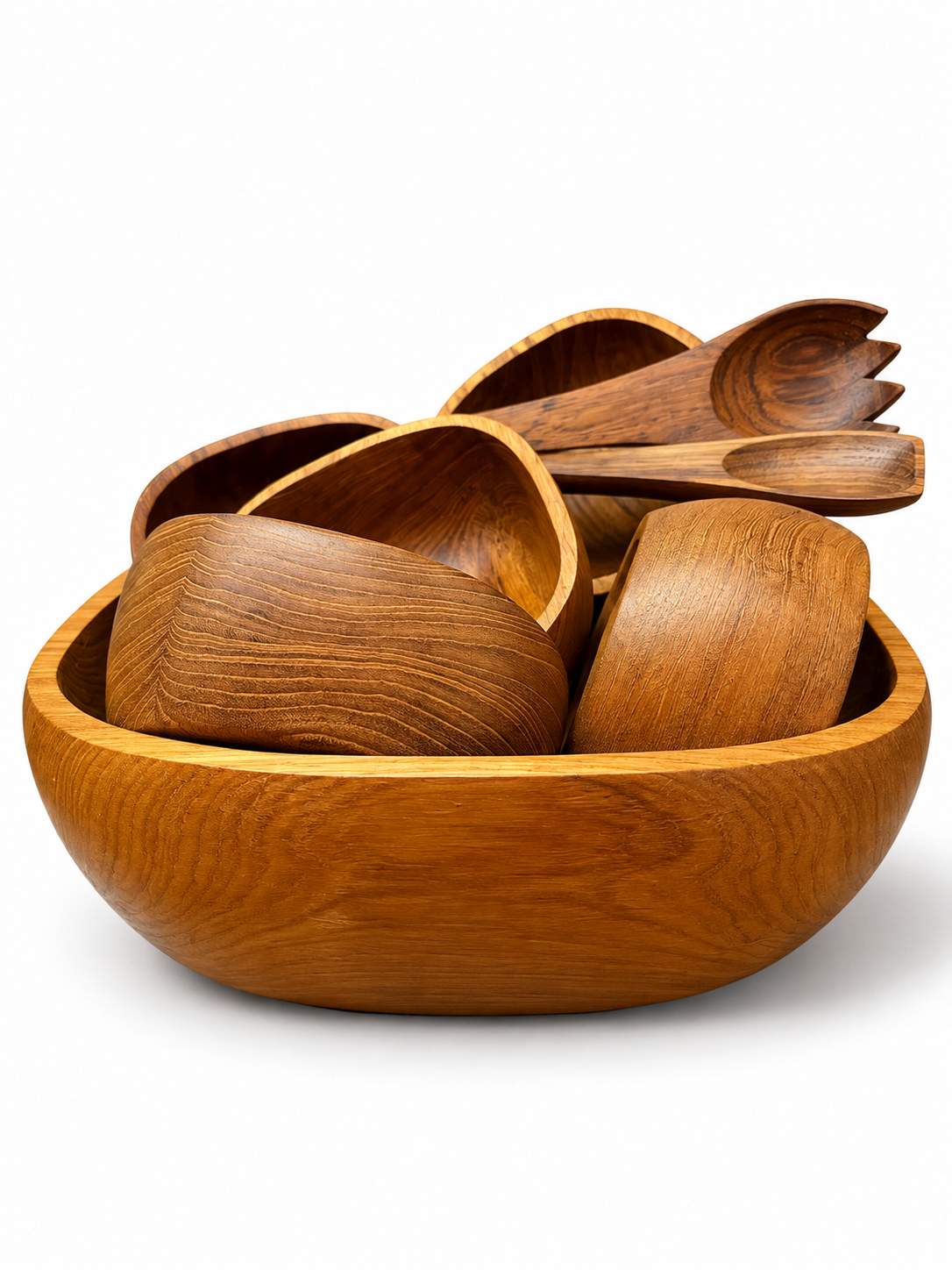 Mid-Century Vintage Goodwood Genuine Teak Salad Bowl Set - 9 Piece Handcrafted Set (Thailand)