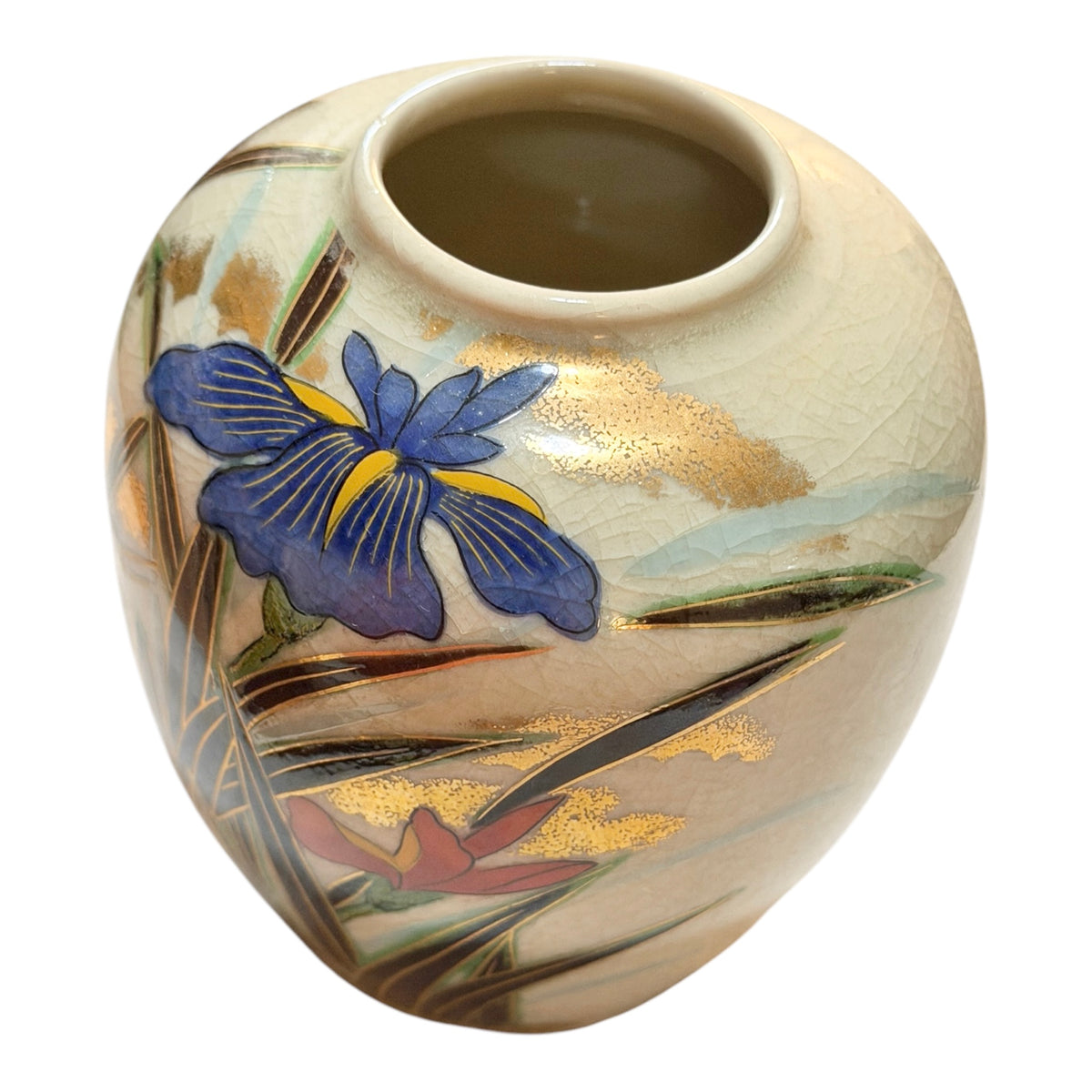 Toyo Japanese Vintage Porcelain Kingfisher & Iris Vase – Crackle Glaze with Gold Accents - 4.5”