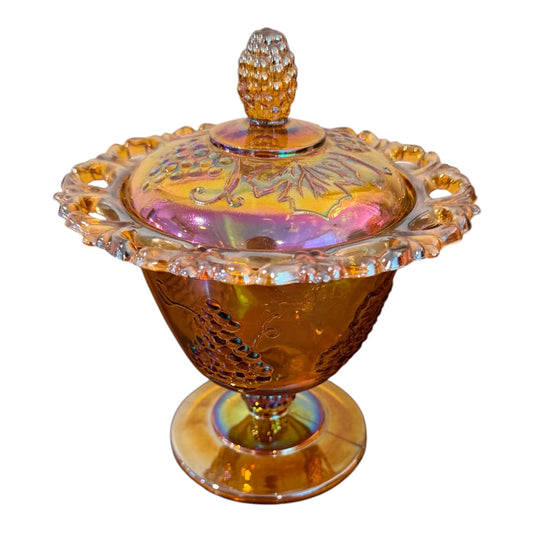 Indiana Glass Vintage Harvest Grape Carnival Glass Candy Dish with Lid – Marigold Iridescent Pedestal Bowl