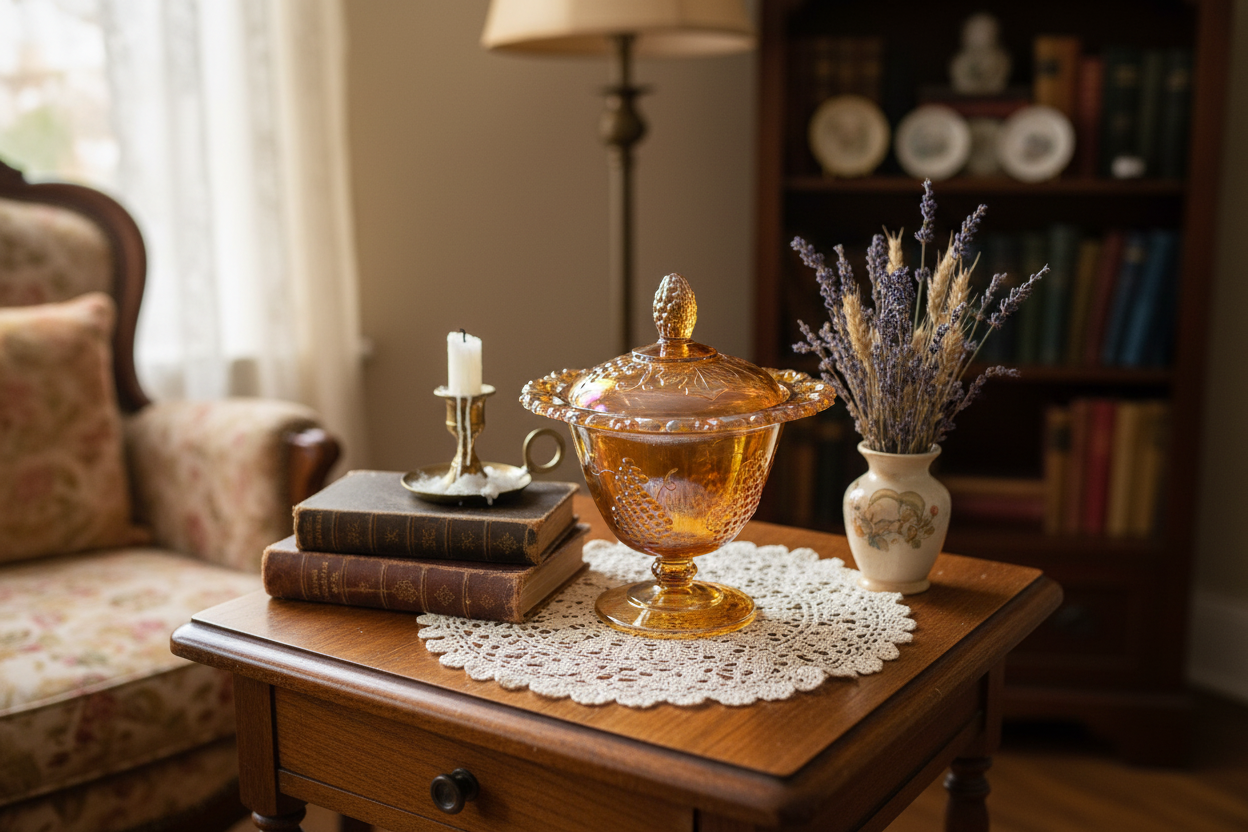 Indiana Glass Vintage Harvest Grape Carnival Glass Candy Dish with Lid – Marigold Iridescent Pedestal Bowl