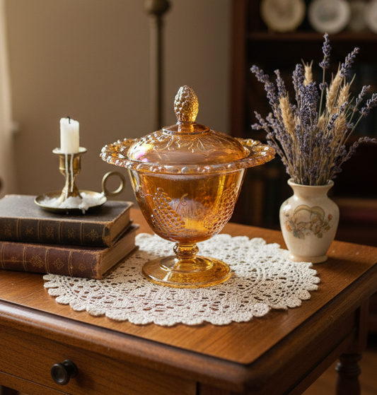 Indiana Glass Vintage Harvest Grape Carnival Glass Candy Dish with Lid – Marigold Iridescent Pedestal Bowl