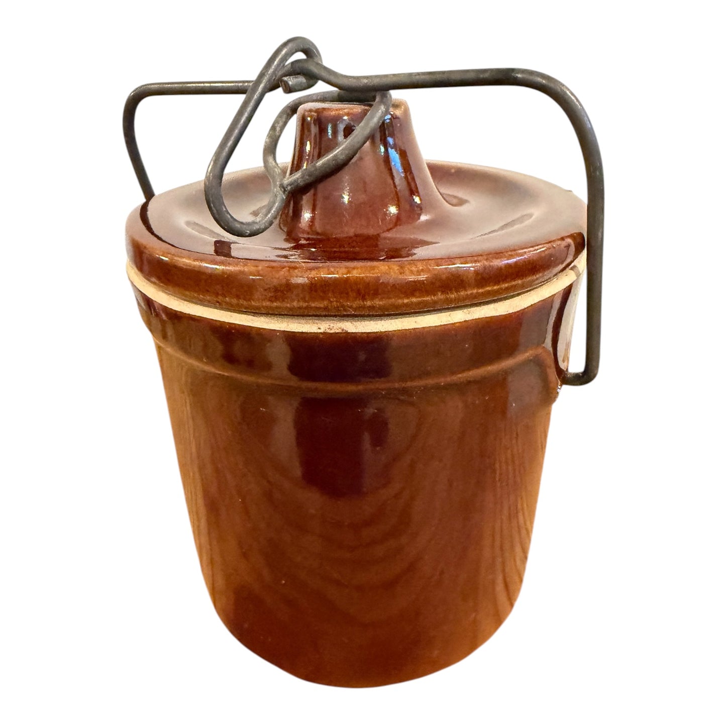 Brown Vintage Stoneware Cheese Crock with Wire Bail Lid | Made in USA