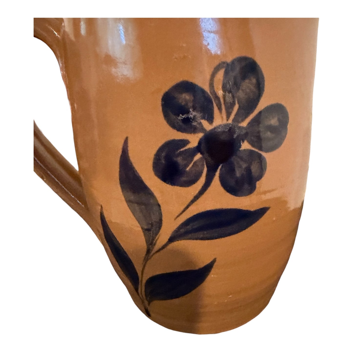 Williamsburg Pottery Factory WPF Stoneware Pitcher – 2002 Vintage - Brown Glaze with Blue Floral Detail