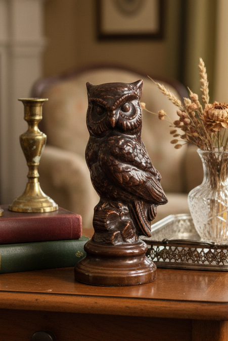 Mid-Century Glossy Brown Great Horned Owl Figurine – Ceramic Vintage Décor