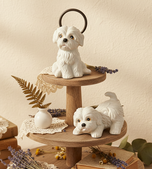 Homco Maltese Puppy Figurines #1411 – Set of 2 White Porcelain Dogs, 1980s Collectible Decor