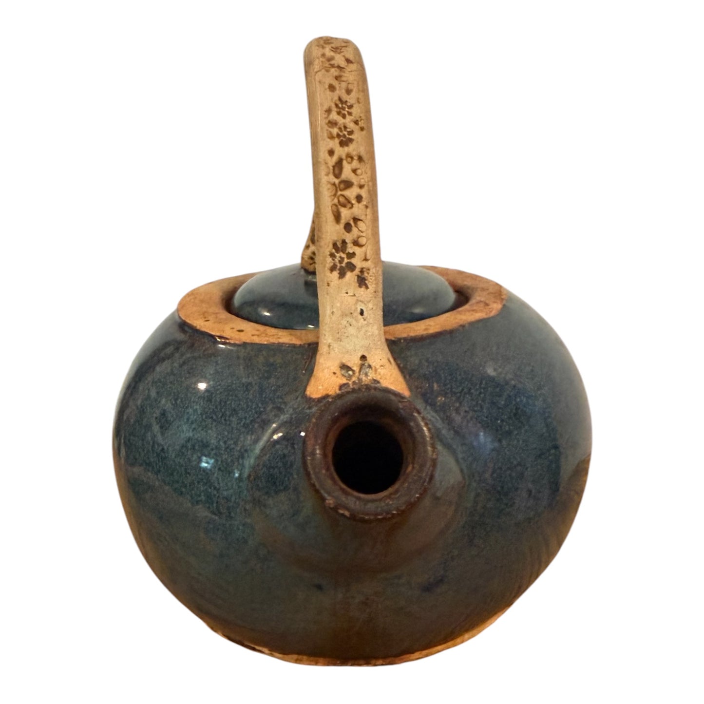 Hand-Thrown Studio Pottery Teapot – Blue/Teal Reactive Glaze with Overhead Clay Handle & Spiral Finial