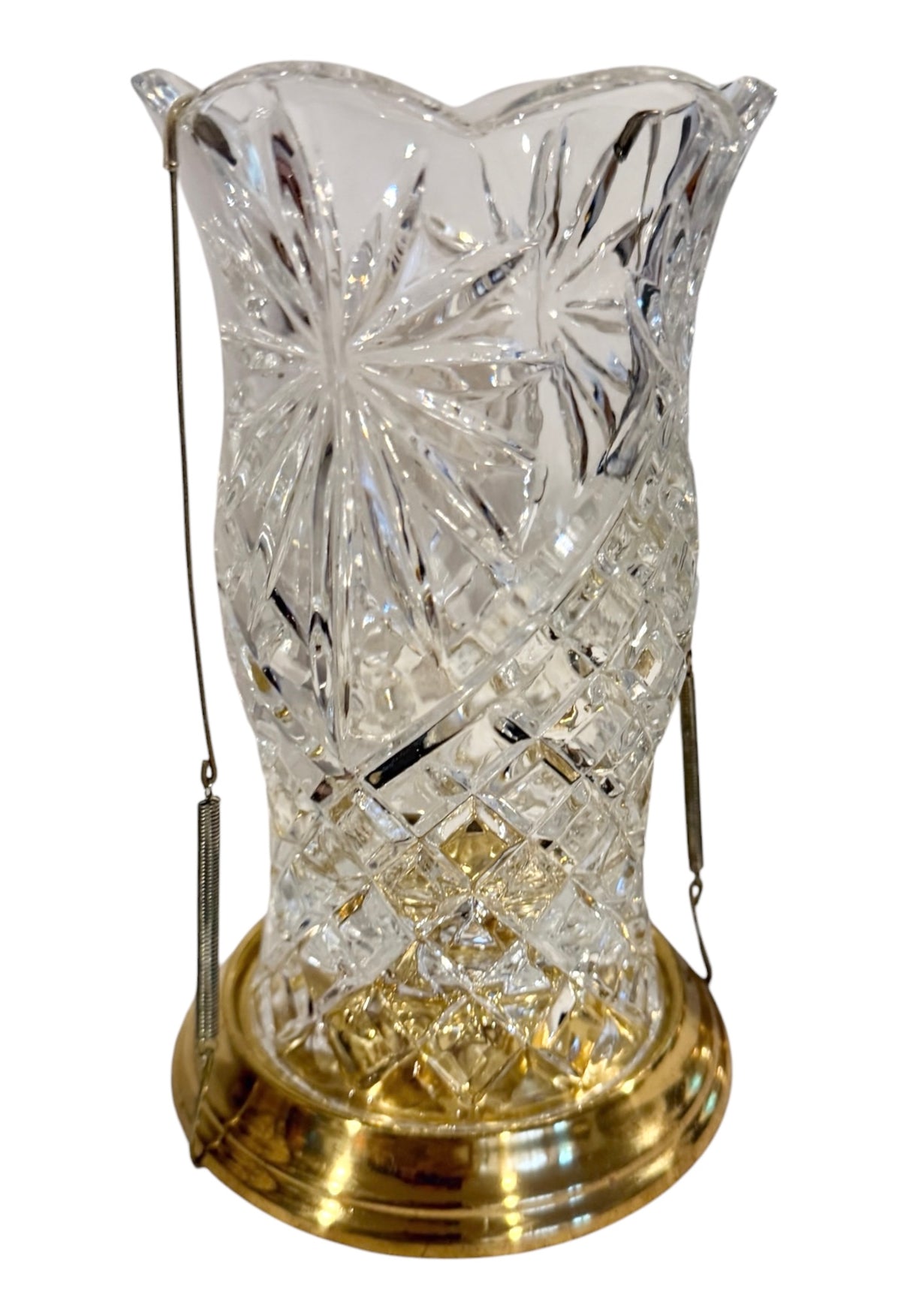 Set of 2 Vintage Cut Crystal Hurricane Candle Holders – Brass Bases & Swing Handles – Teleflora