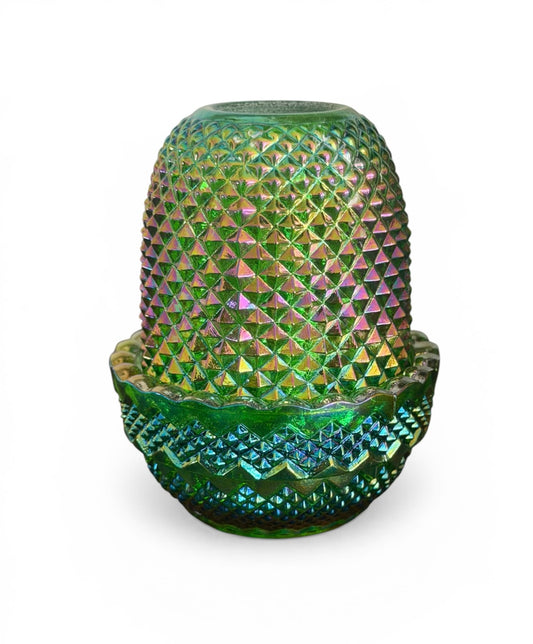 Mosser Emerald Green Carnival Glass Fairy Lamp – Diamond Point Pattern