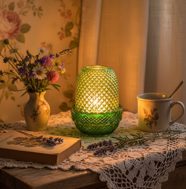 Mosser Emerald Green Carnival Glass Fairy Lamp – Diamond Point Pattern
