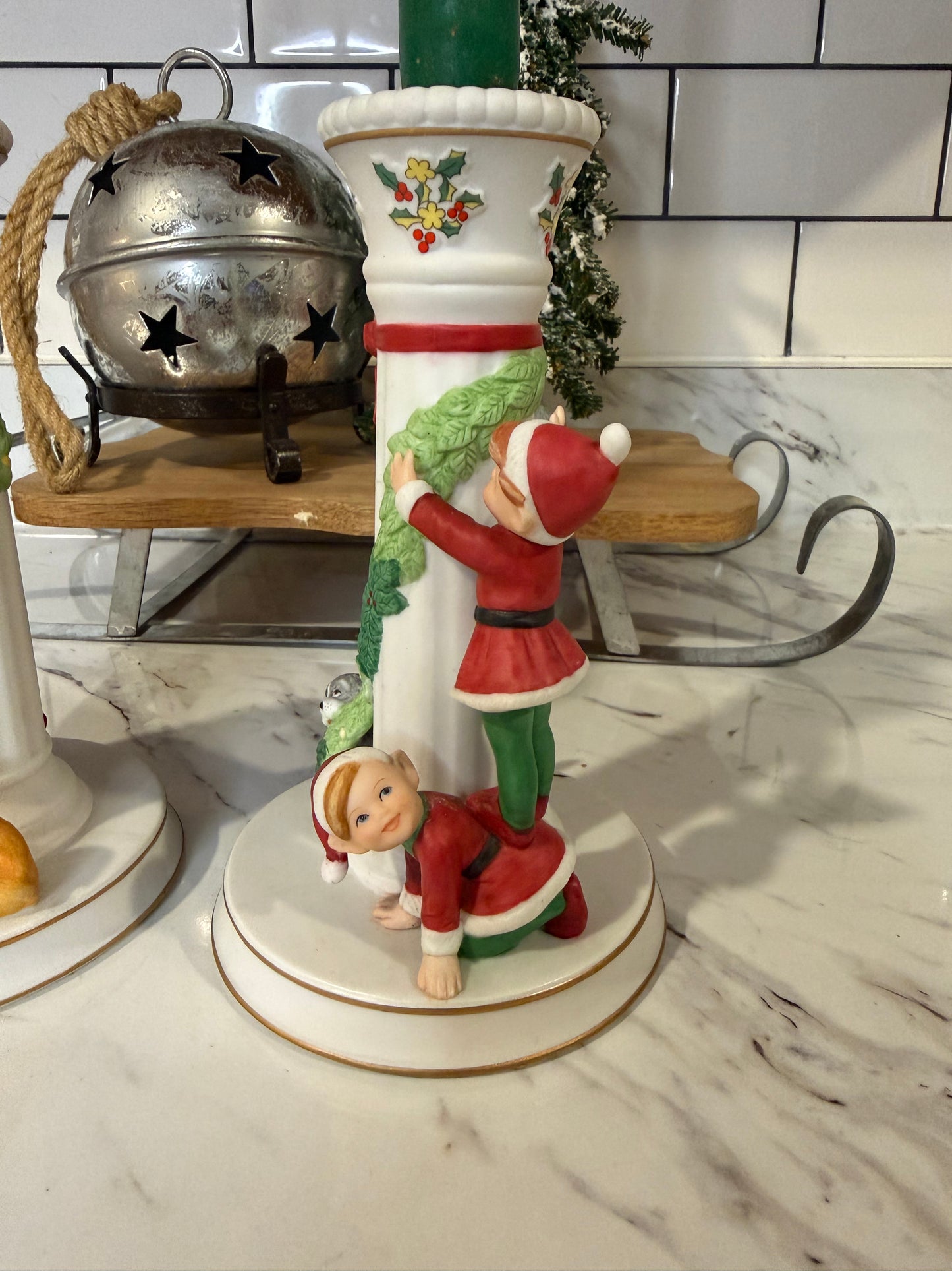 Vintage Danbury Mint “Christmas Candlesticks” — Mrs. Claus & Elves — 1990s Ceramic Pair with 23kt Gold Accents