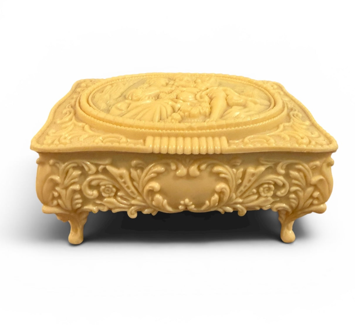 Vintage French Ivory Celluloid Jewelry Trinket Box | Footed Vanity Box with Romantic Courting Couple Lid | Rococo Style Keepsake Storage