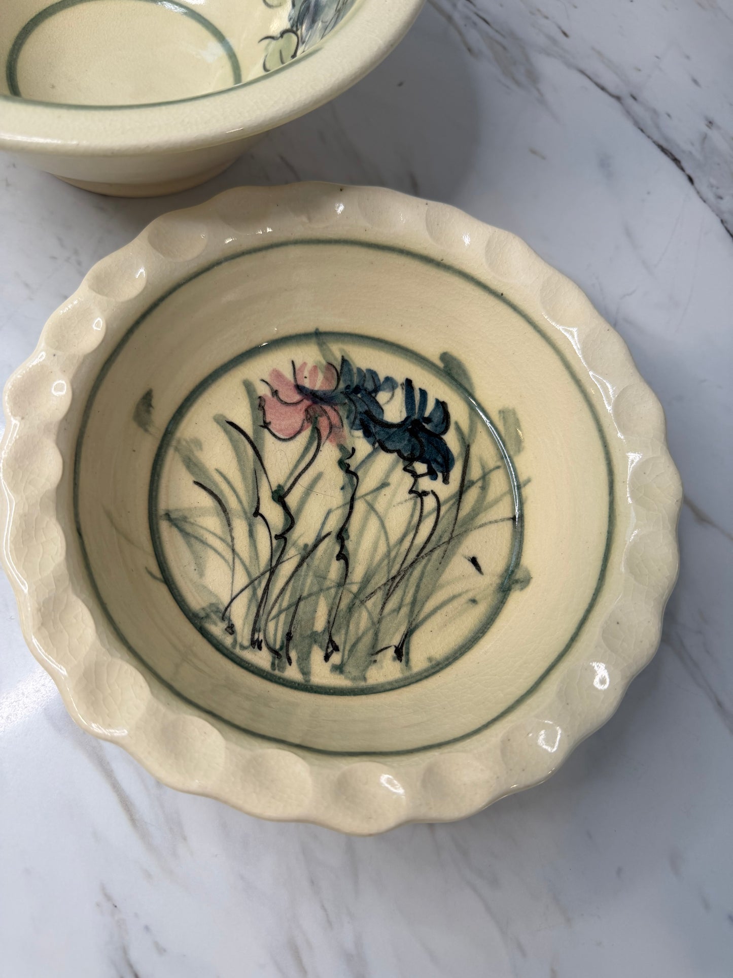 Vintage Hand-Painted Studio Pottery Floral Bowl - Pie Dish - Artisan Ceramic Serving Set (2)