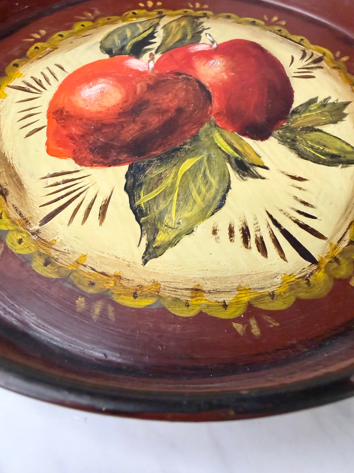 Vintage Hand-Painted Toleware Tray – Folk Art Apple Design, 1974