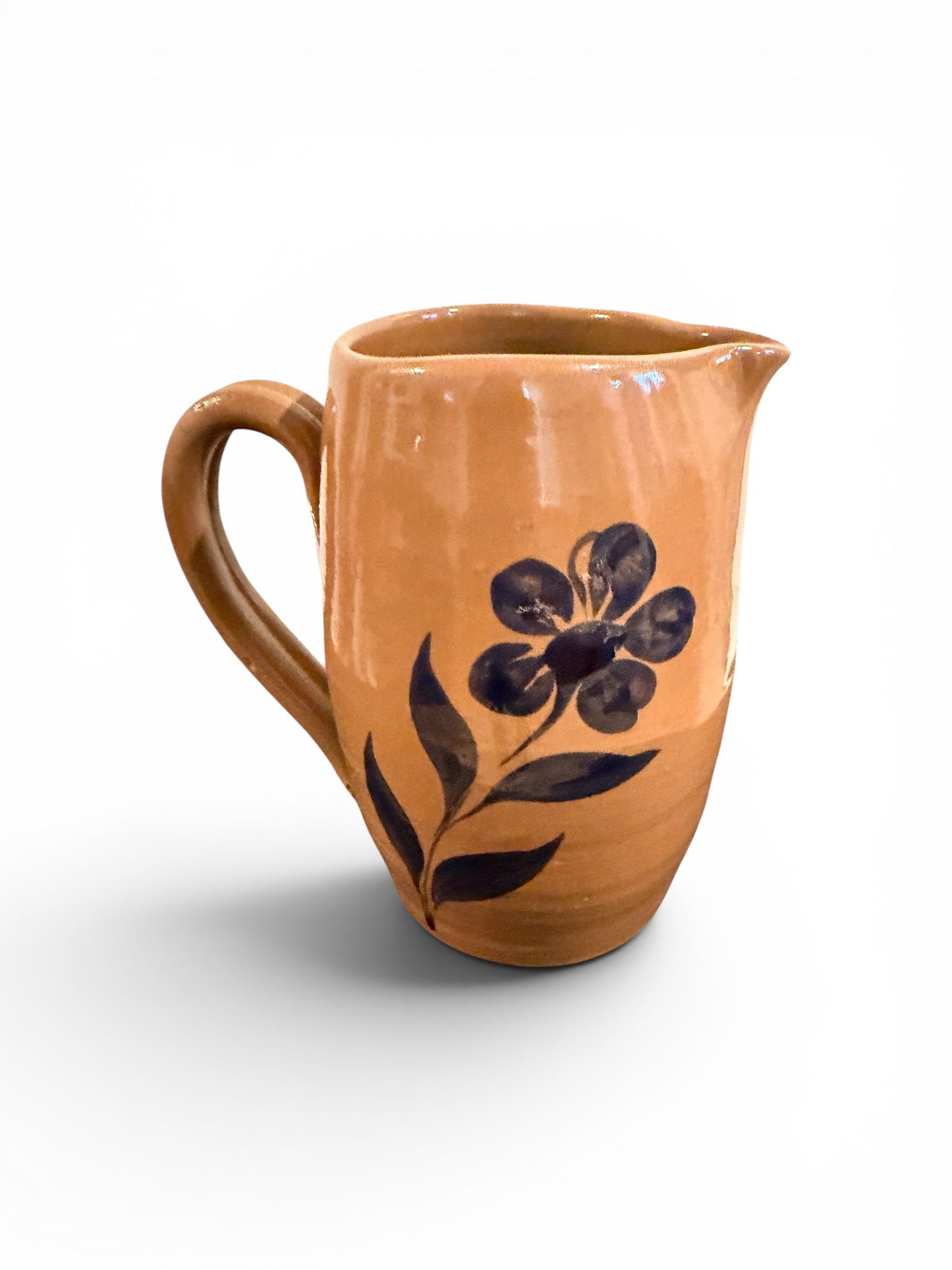Williamsburg Pottery Factory WPF Stoneware Pitcher – 2002 Vintage - Brown Glaze with Blue Floral Detail