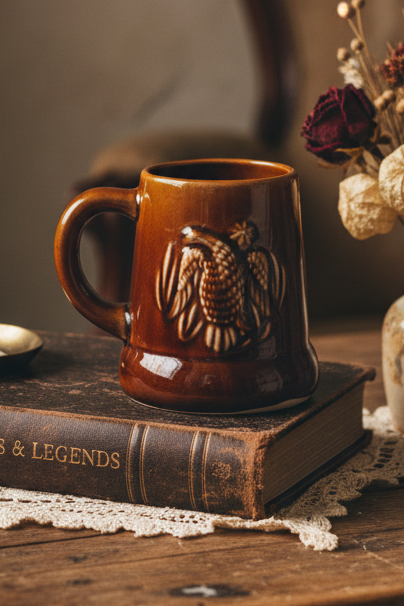 Vintage Brown Stoneware Eagle Mug – 1970s Americana Tavernware