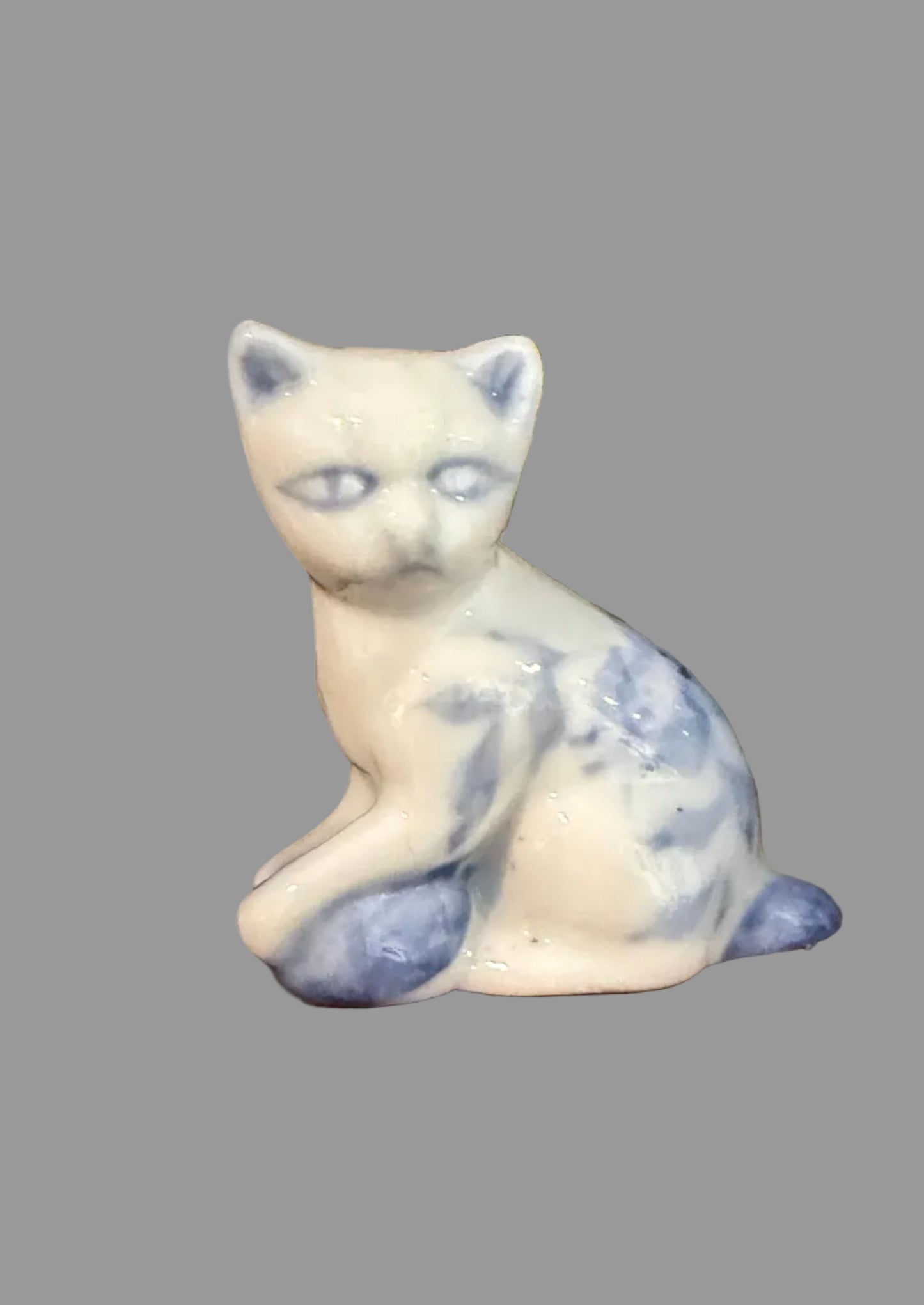 Miniature Vintage Delft Blue & White Porcelain Cat Figurine