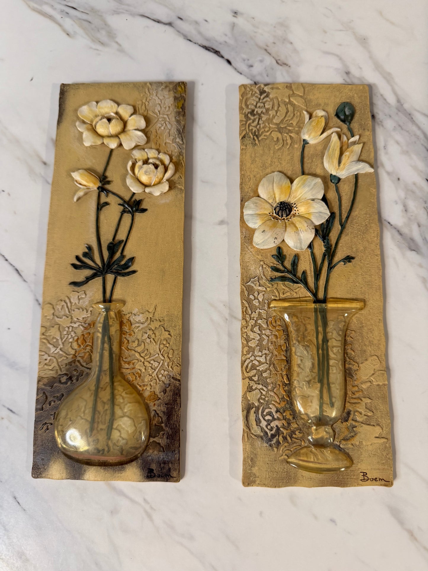 Set of Two Vintage Boem Signed 3D Floral Wall Art Plaques