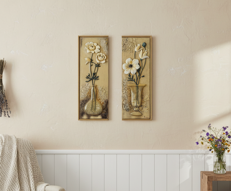 Set of Two Vintage Boem Signed 3D Floral Wall Art Plaques