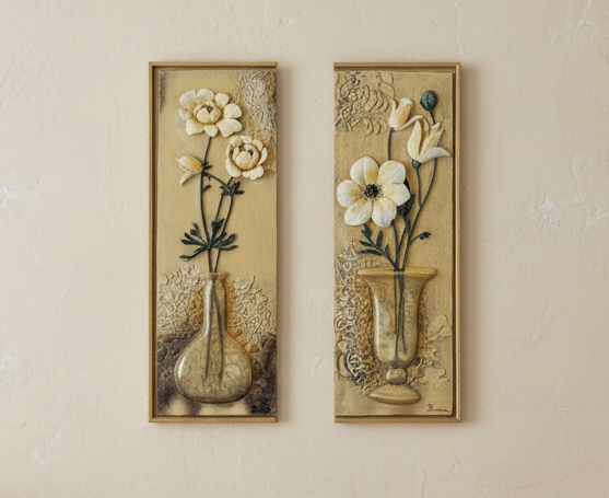 Set of Two Vintage Boem Signed 3D Floral Wall Art Plaques