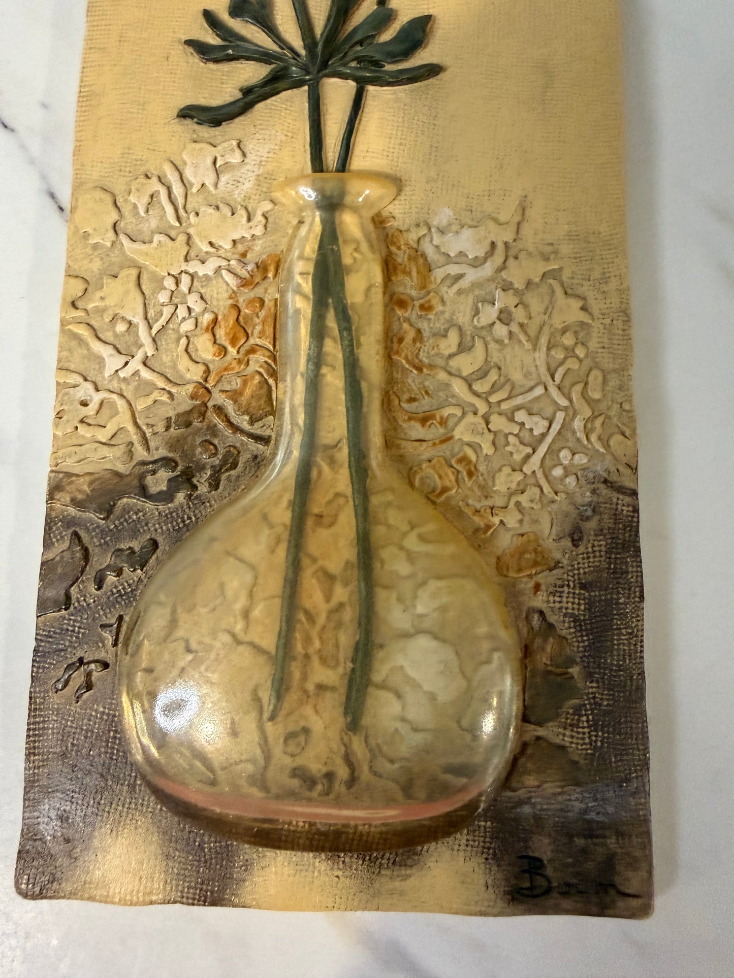 Set of Two Vintage Boem Signed 3D Floral Wall Art Plaques