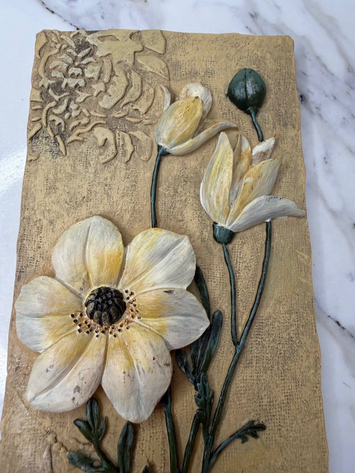 Set of Two Vintage Boem Signed 3D Floral Wall Art Plaques