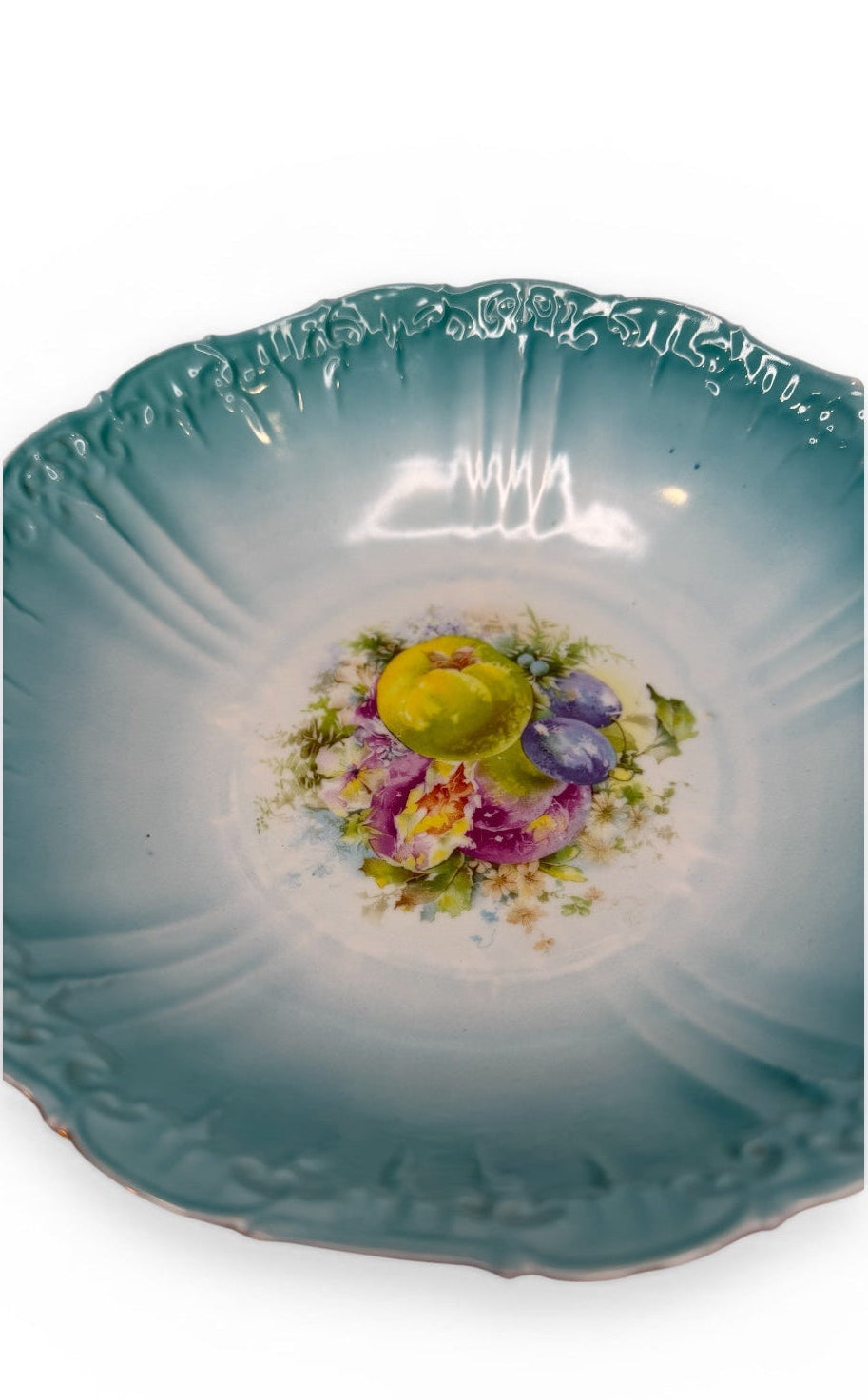 Antique Hand-Painted Porcelain Fruit Bowl – Scalloped Rim, Teal Gradient Glaze (Early 1900s)