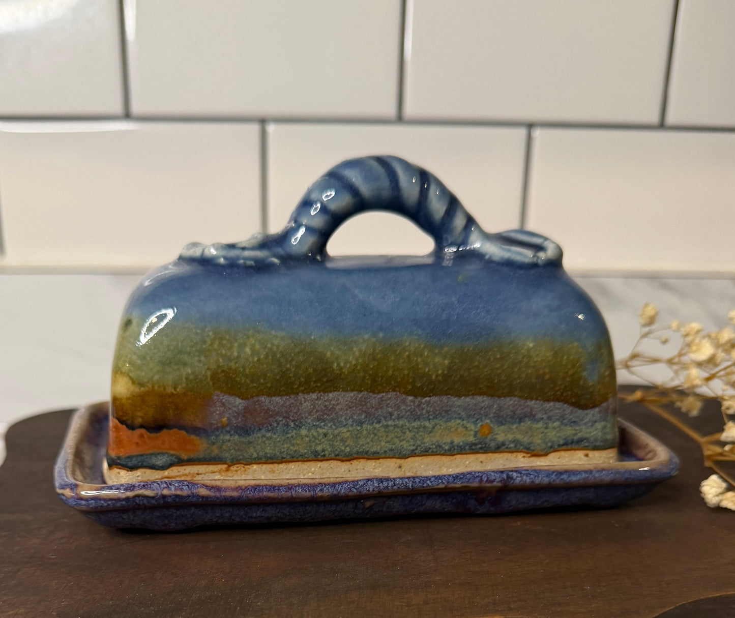 Handmade Ceramic Covered Butter Dish – Mountain/Taos Style Scenic Glaze