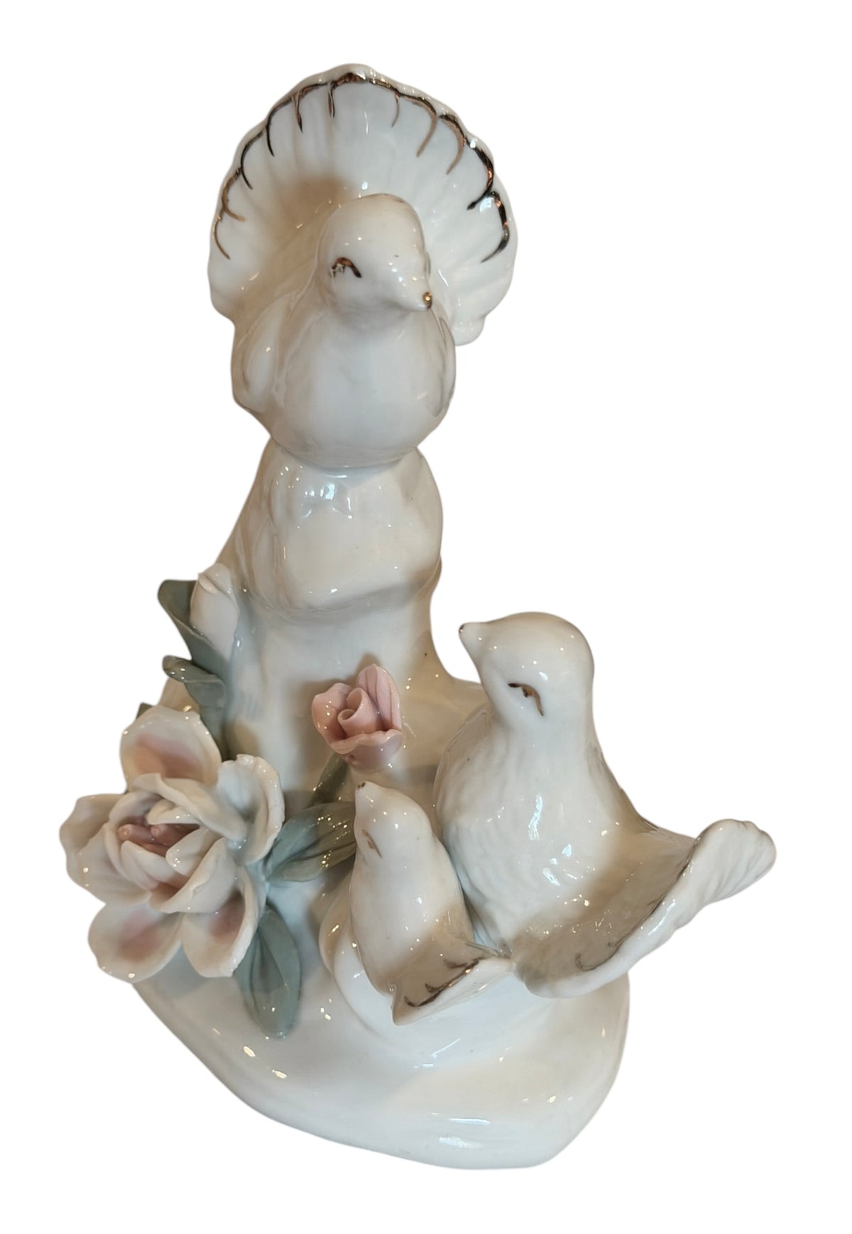 Porcelain Vintage Dove Family Figurine with Applied Flowers & Gold Accents