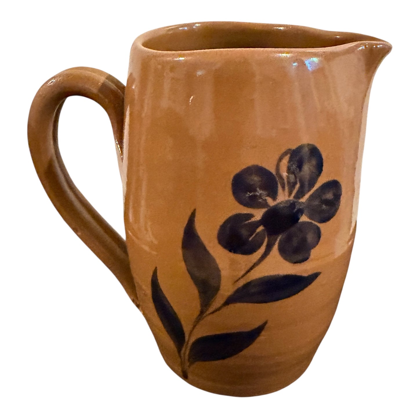 Williamsburg Pottery Factory WPF Stoneware Pitcher – 2002 Vintage - Brown Glaze with Blue Floral Detail