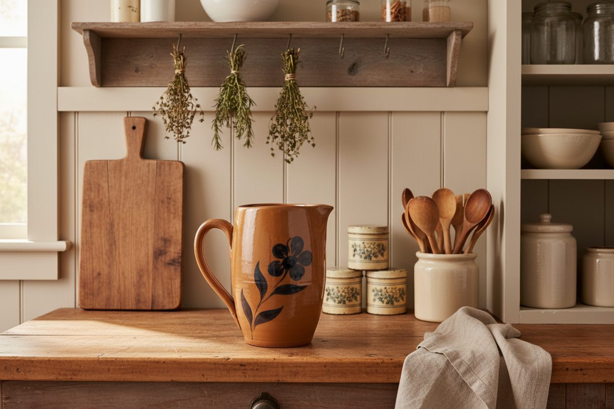 Williamsburg Pottery Factory WPF Stoneware Pitcher – 2002 Vintage - Brown Glaze with Blue Floral Detail