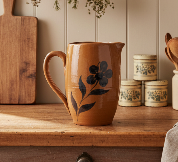 Williamsburg Pottery Factory WPF Stoneware Pitcher – 2002 Vintage - Brown Glaze with Blue Floral Detail