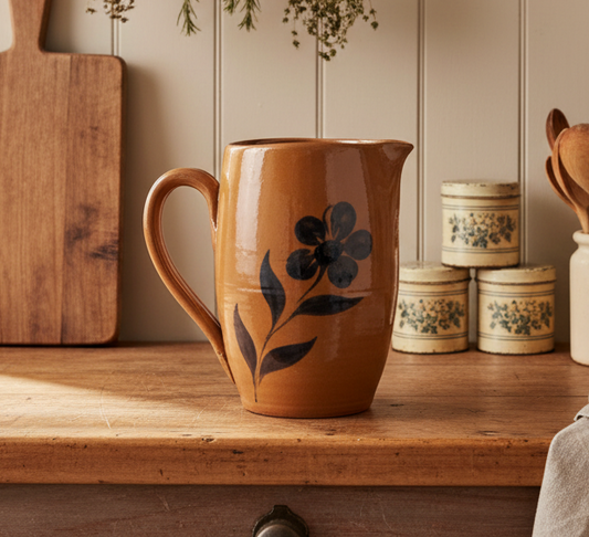 Williamsburg Pottery Factory WPF Stoneware Pitcher – 2002 Vintage - Brown Glaze with Blue Floral Detail