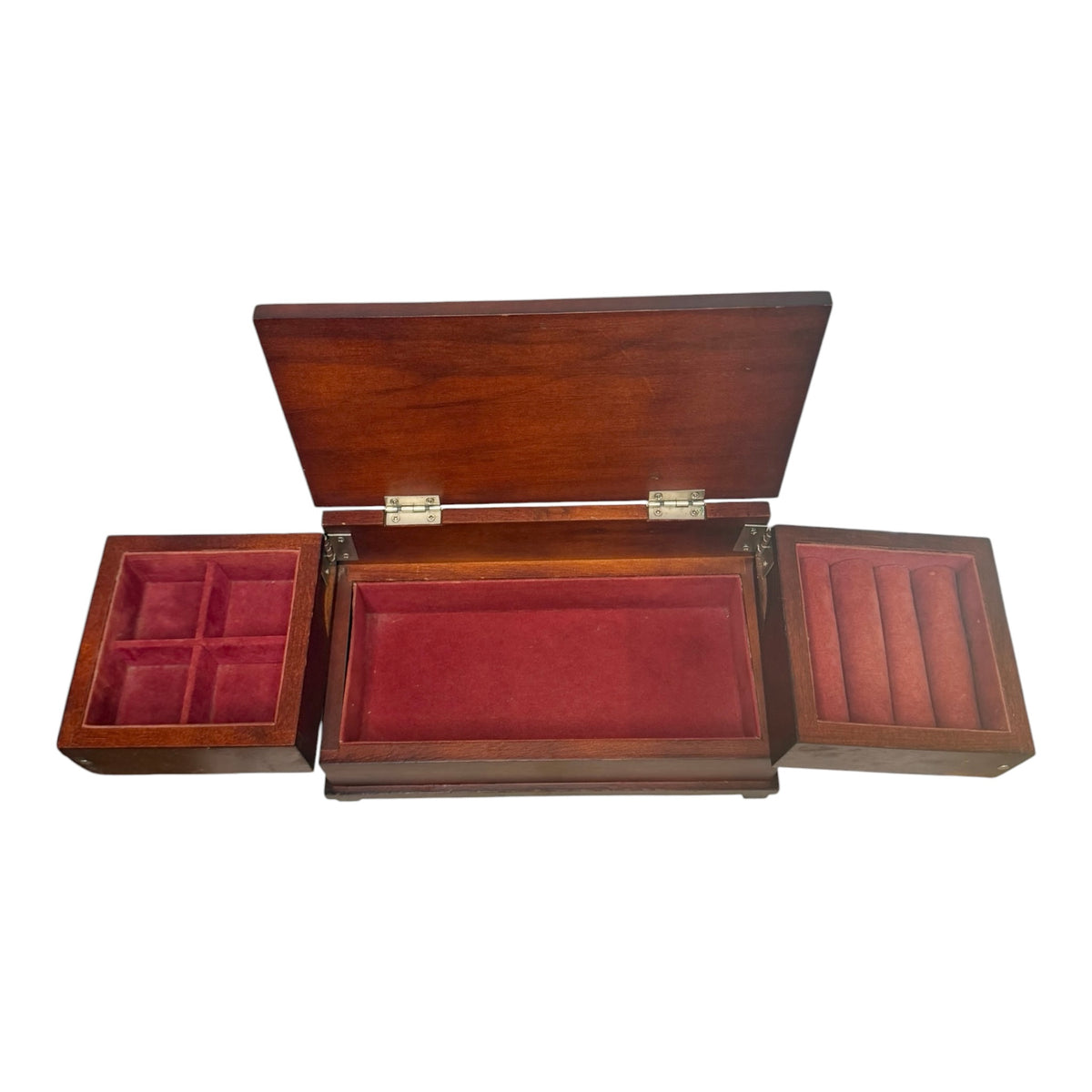 Vintage Cherry-Tone Wooden Jewelry Box with Swing-Out Compartments - Riser