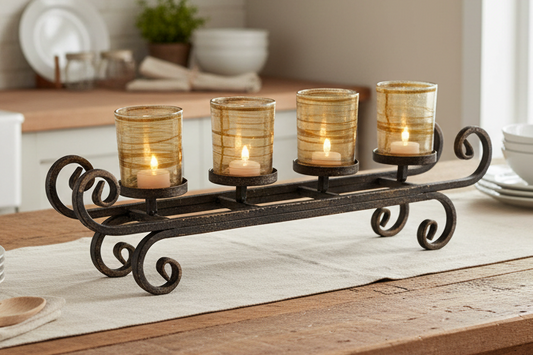 Vintage Wrought Iron Votive Candle Holder with Amber Fabric Over Glass Cups